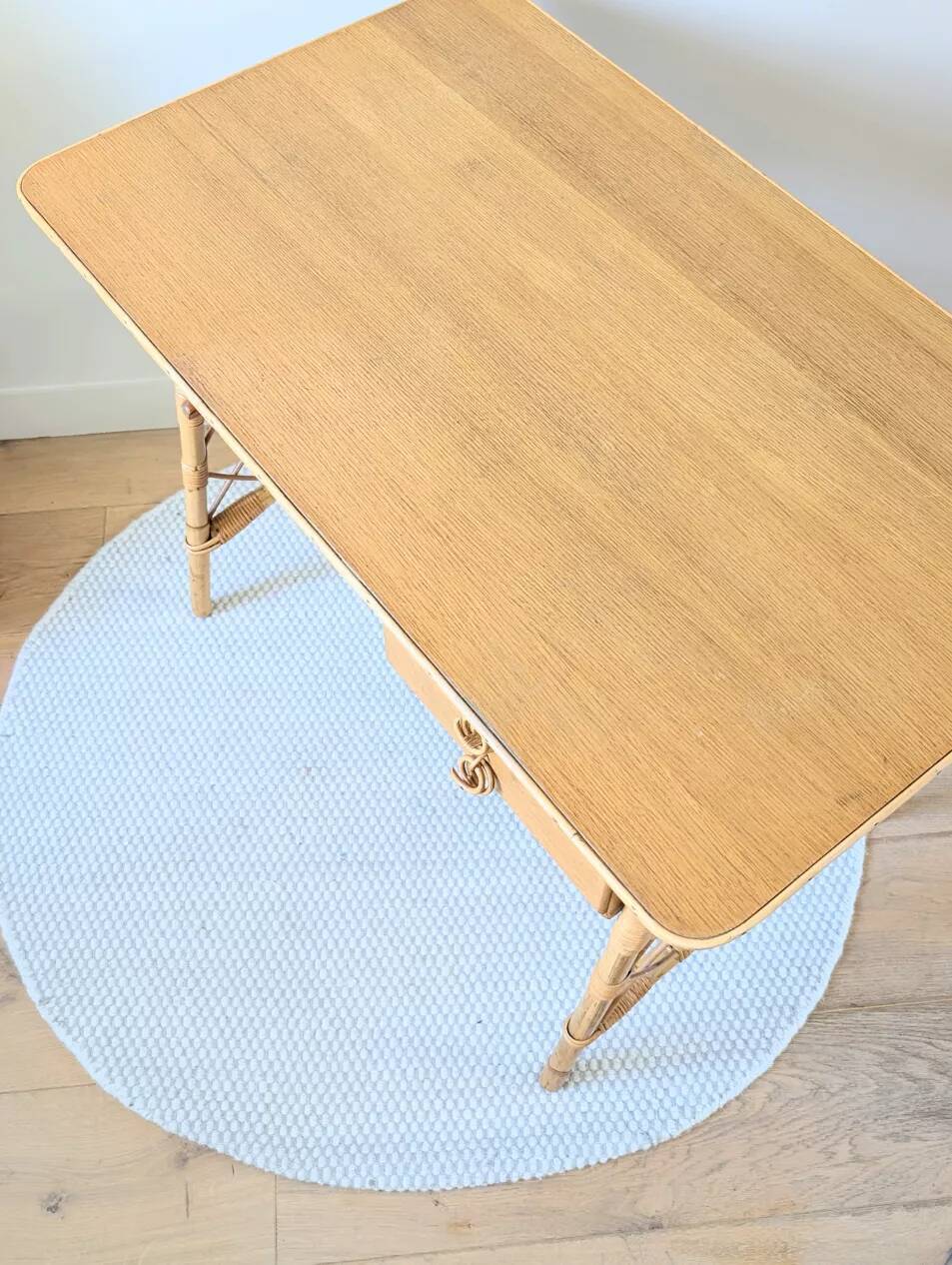 Vintage wood and rattan desk by L. Sognot