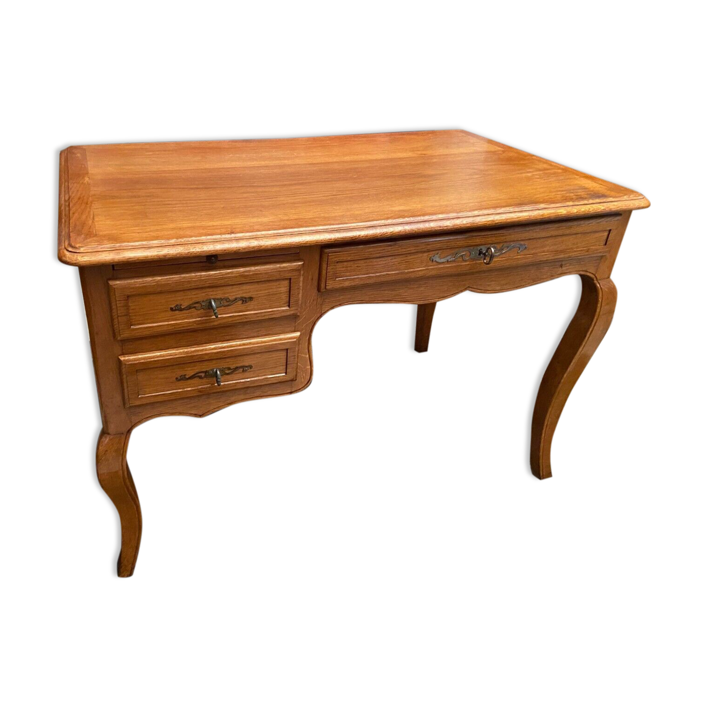 Office 3 drawers and retractable shelf solid blond oak Louis XV style