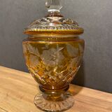 Very beautiful covered pot, crystal urn with cut and tinted decoration, bohemian twentieth