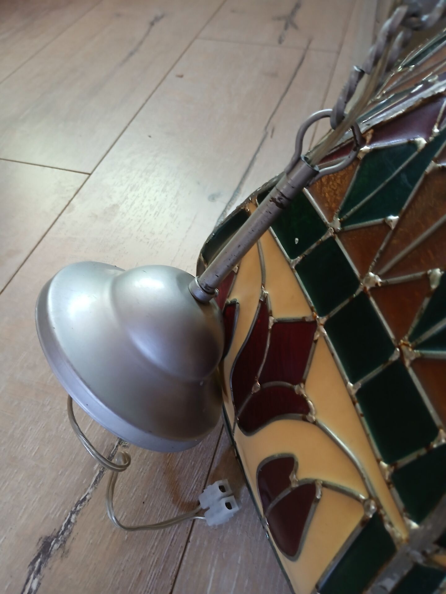 Vintage pendant light with multicoloured stained glass.