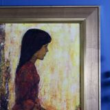 Huile sur panneau originale suédoise du milieu du siècle « portrait d'une fille » par björn larsen - vintage et encadrée