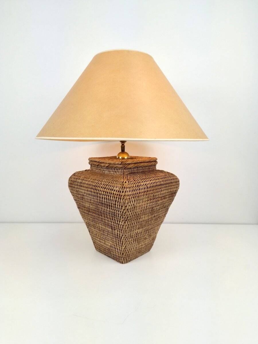 Large Hand Woven Wicker Rattan Table Lamp, France, 1970s