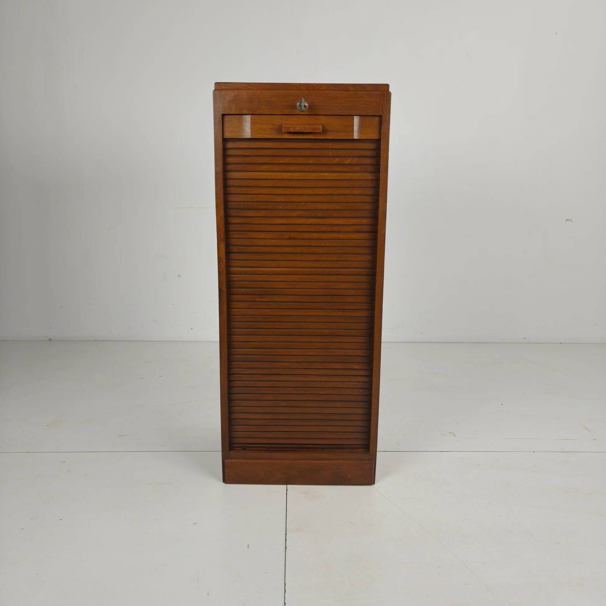 Dutch oak tambour archive cabinet, 1920s–1930s