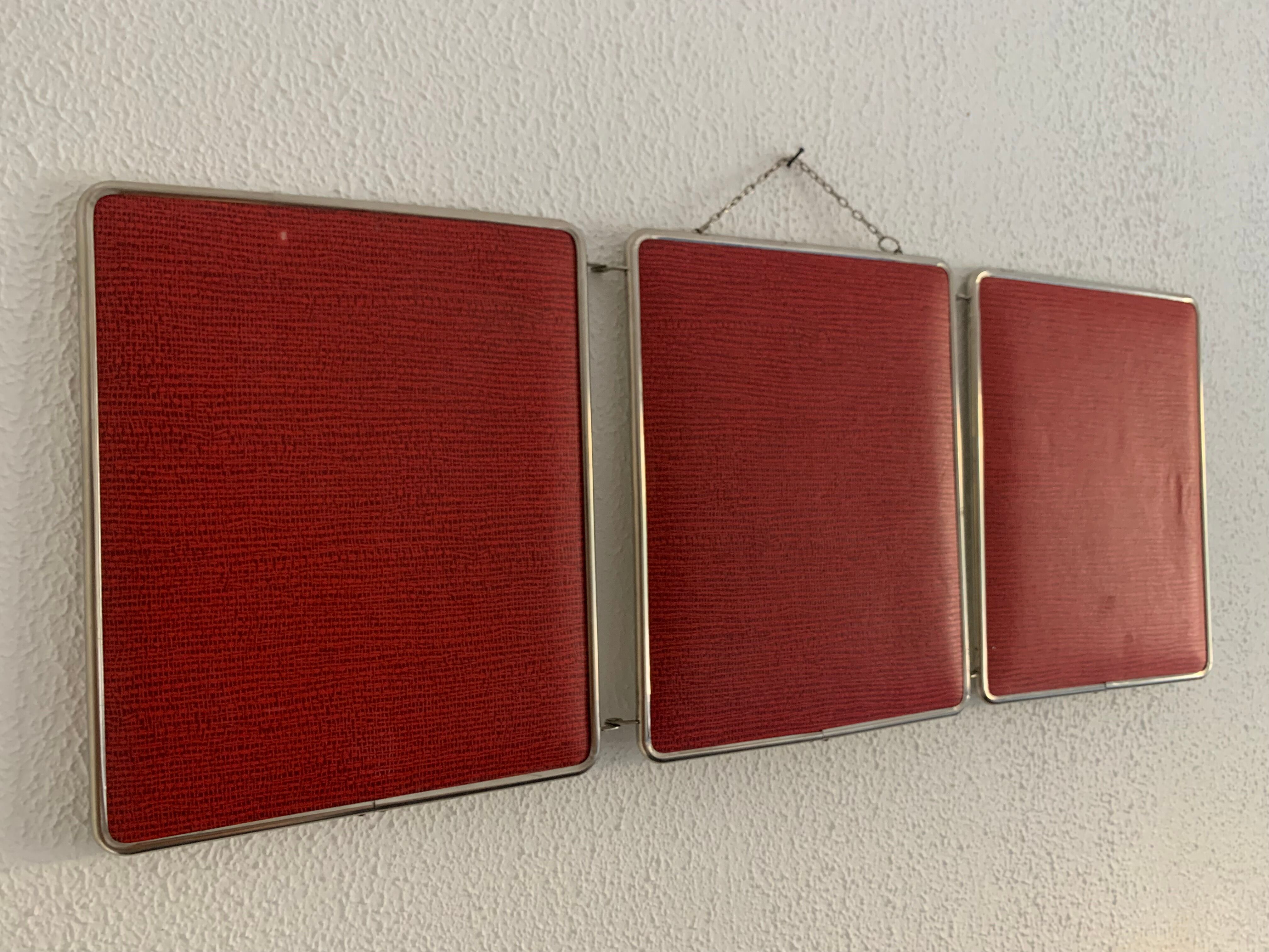 Vintage mirror 1960 triptych barber red brick - 30 x 77 cm