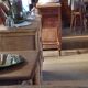 Old art deco beveled mirror vintage carved wood base 39x63cm