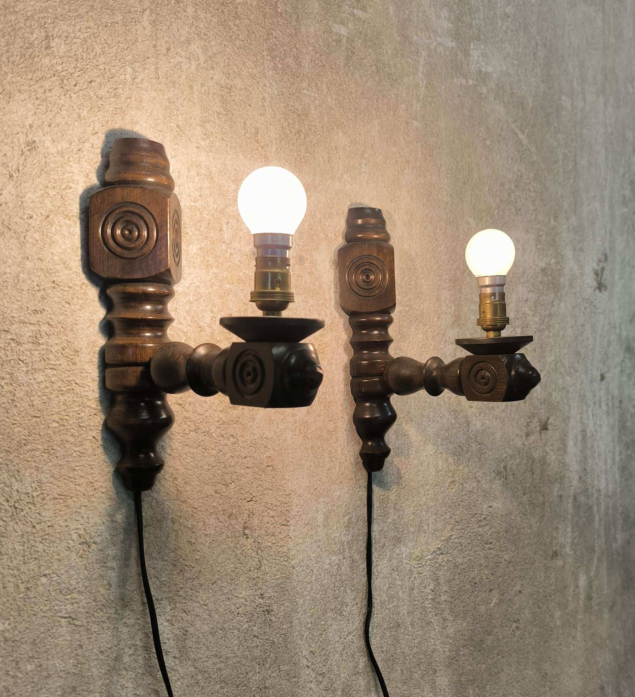 Pair of vintage wooden wall lights