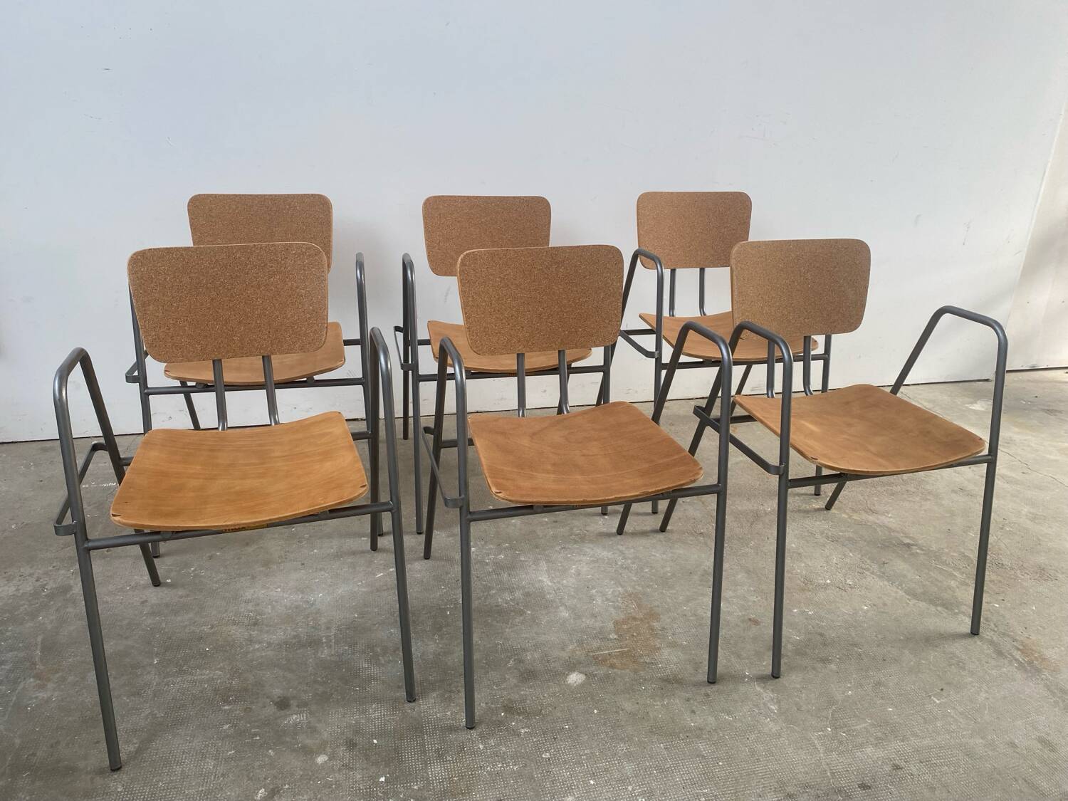 Brutalist Aranjou style table in elm and 6 Stella chairs.