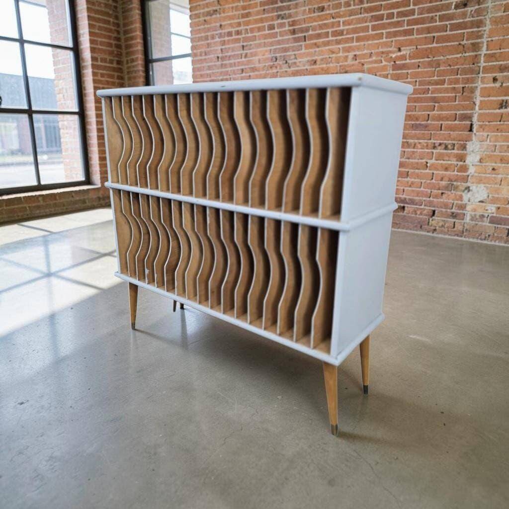 Vintage mint blue wooden display cabinet / storage system for vinyl records