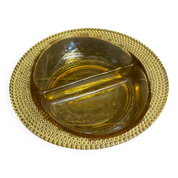 Bol Vide Poche Ancien Verre Moulé Jaune Ambré Rang De Perles Années 50