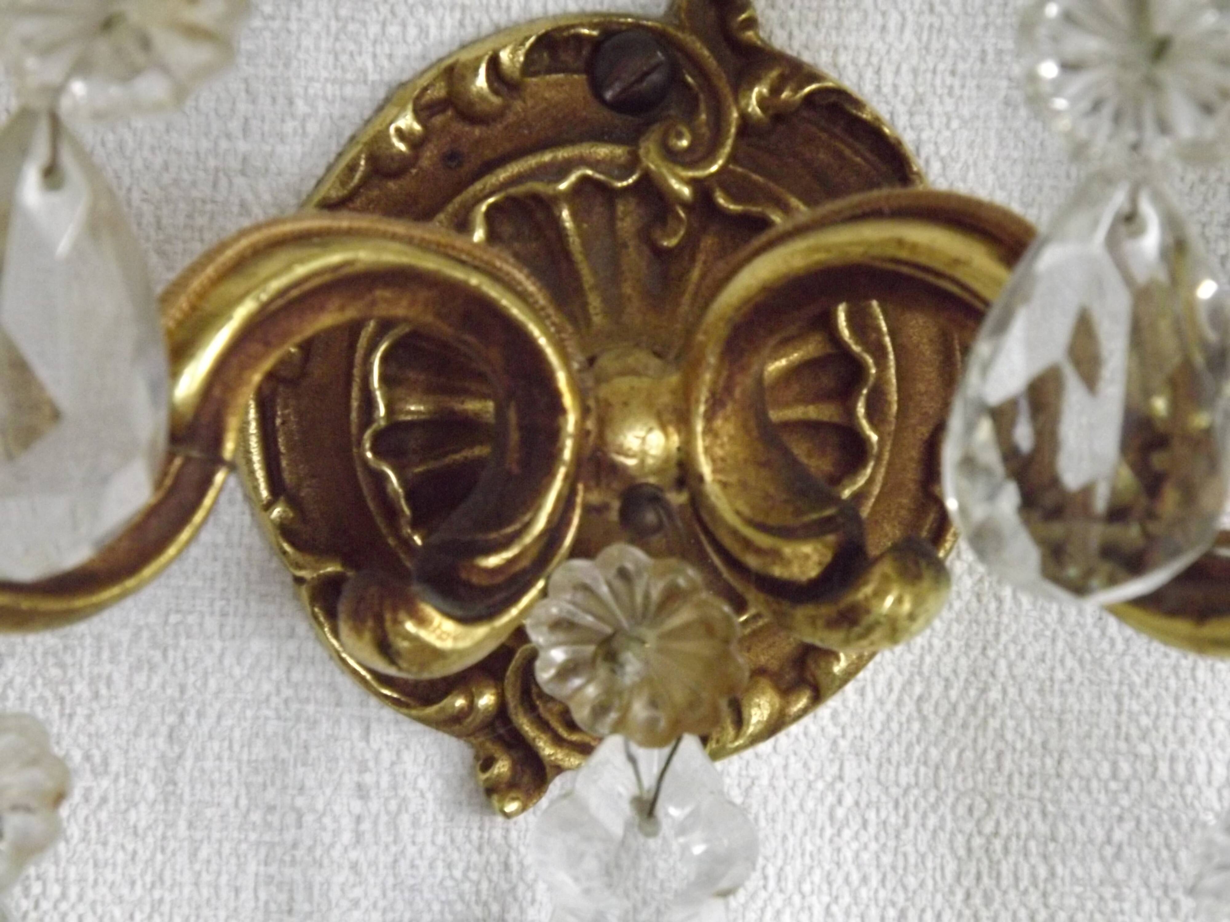 Pair of French Vintage Double Bronze Crystal Wall Lights with Acanthus Detail