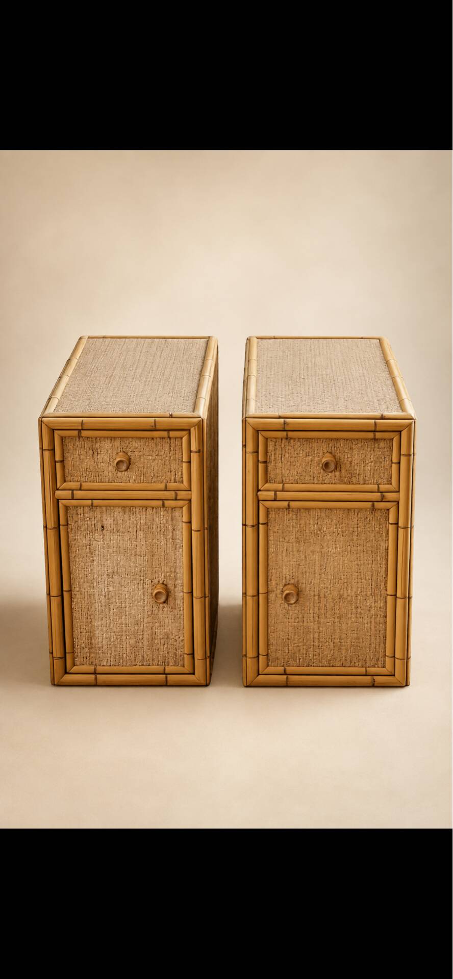 Pair of side tables / Bamboo and cane bar furniture (1970s)