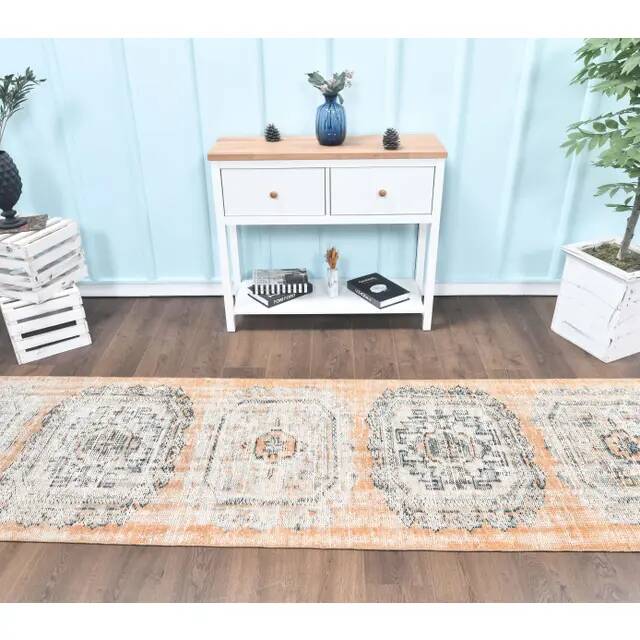 1960s 1 Turkish Hand-Knotted Geometric Runner Rug 87x334