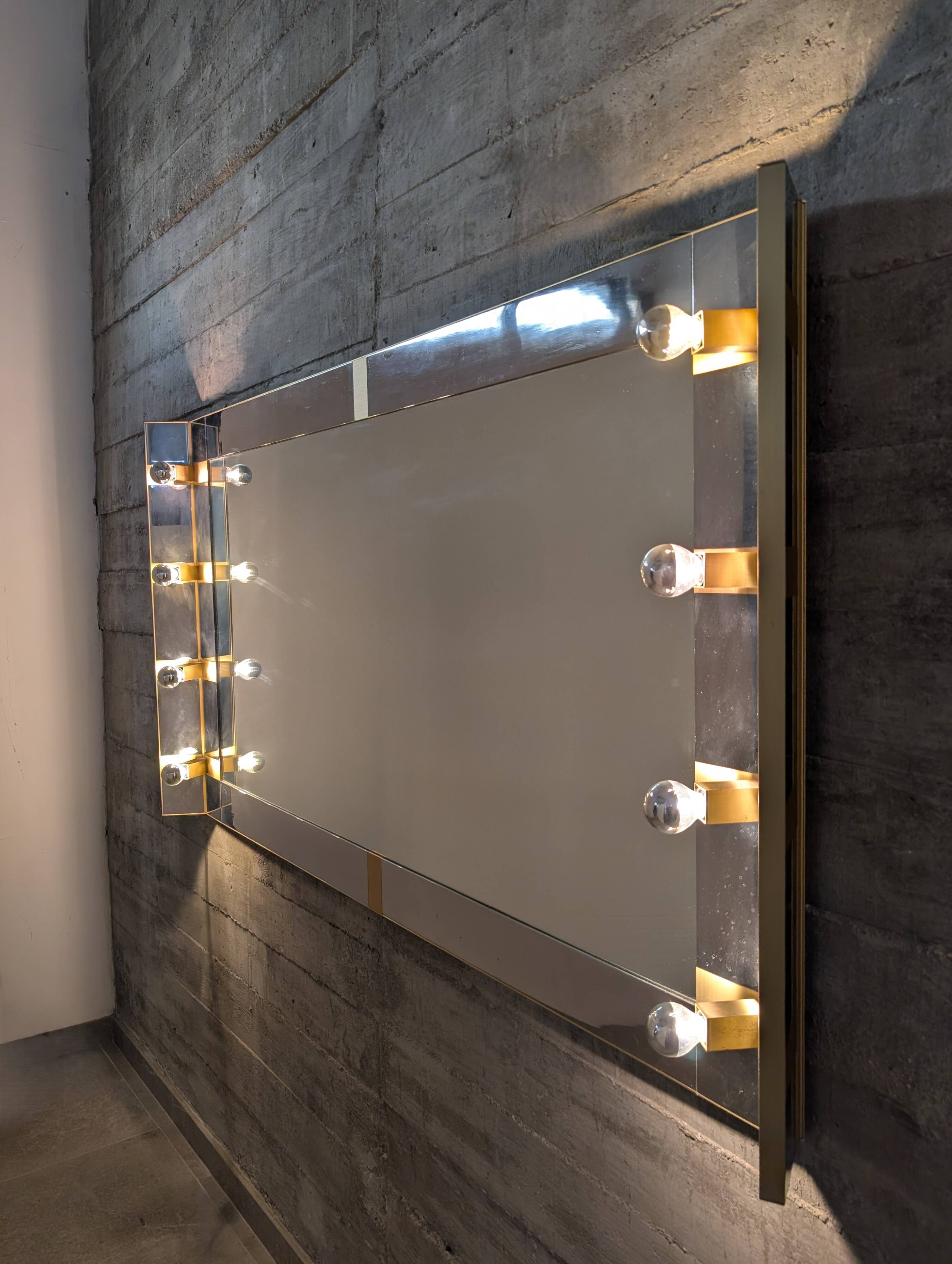 Illuminated dressing room mirror by Gaetano Sciolari in chrome and brass, Italy, 1970s