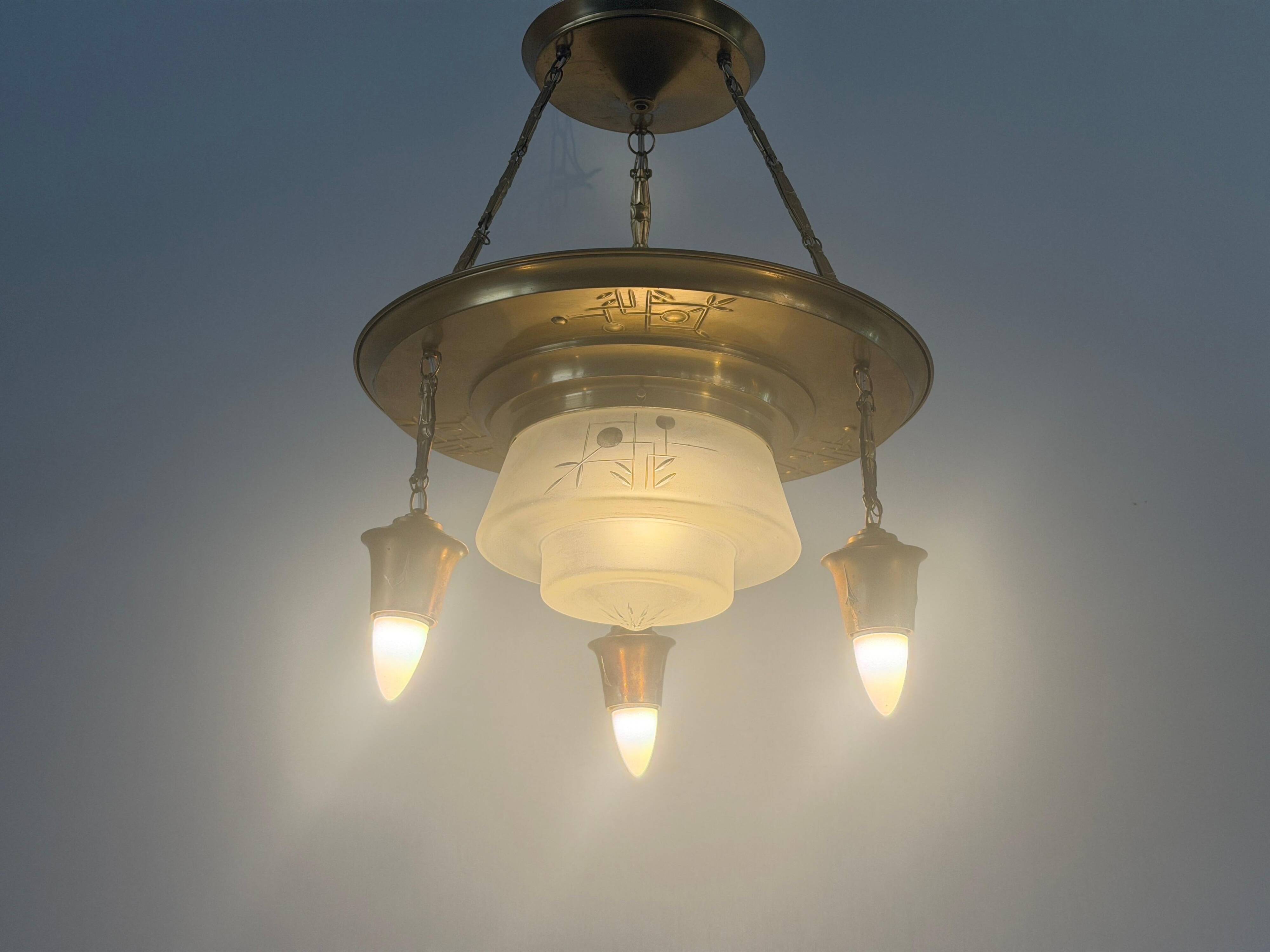 Art Deco ceiling light in copper and glass, 1940s, Germany
