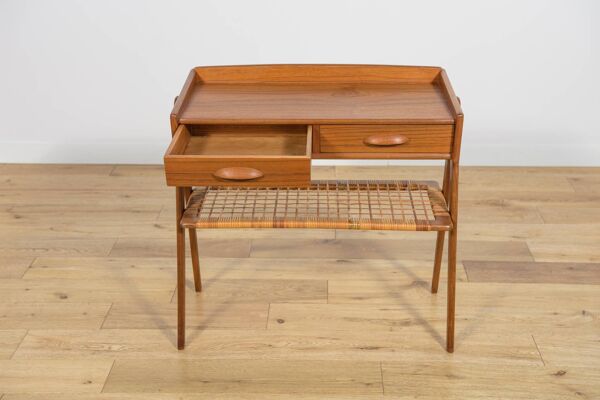 Table console en teck et rotin du milieu du siècle par Søren Rasmussen, Danemark, 1960