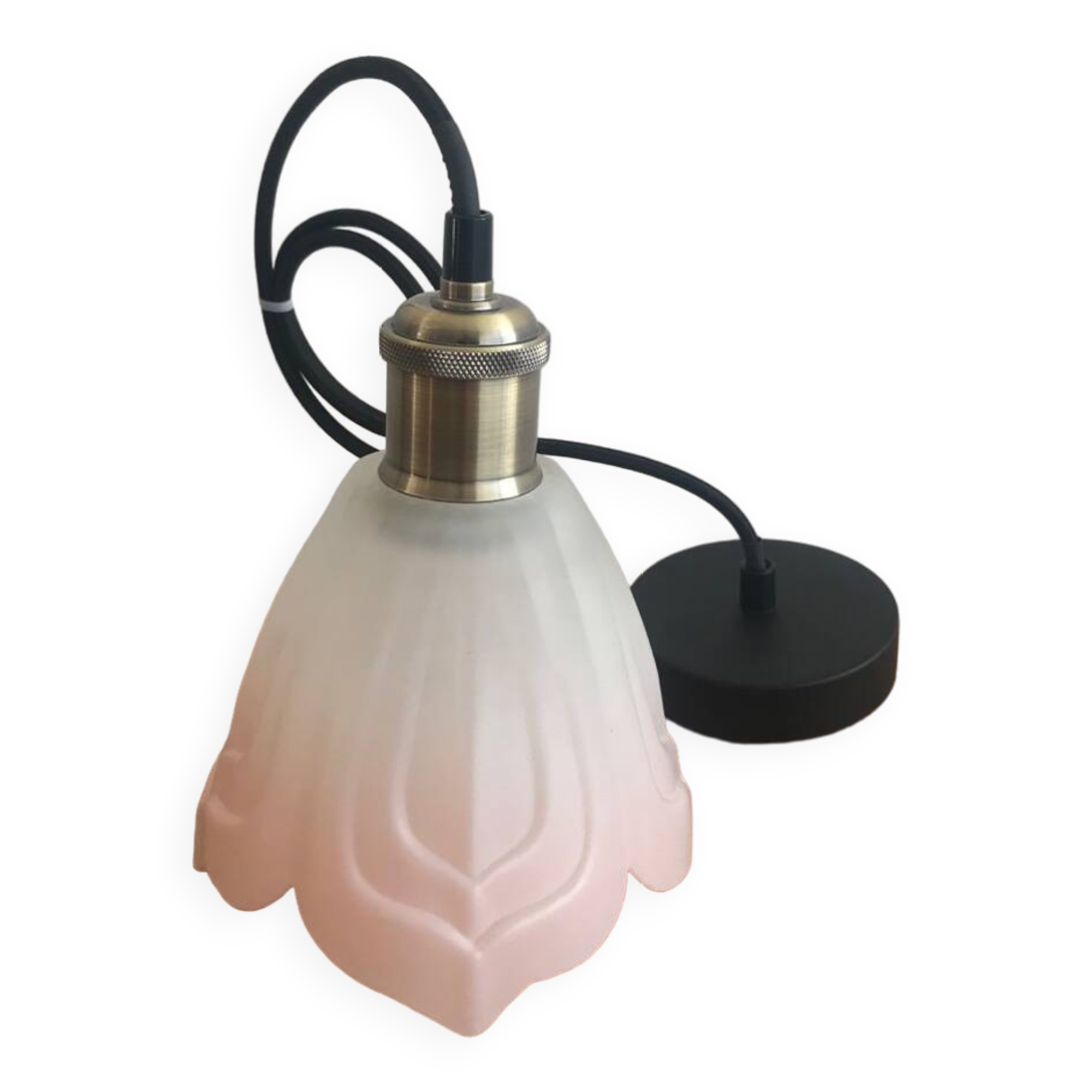 Vintage Frosted Glass Globe Pendant Light Pink Flower Electrical System New