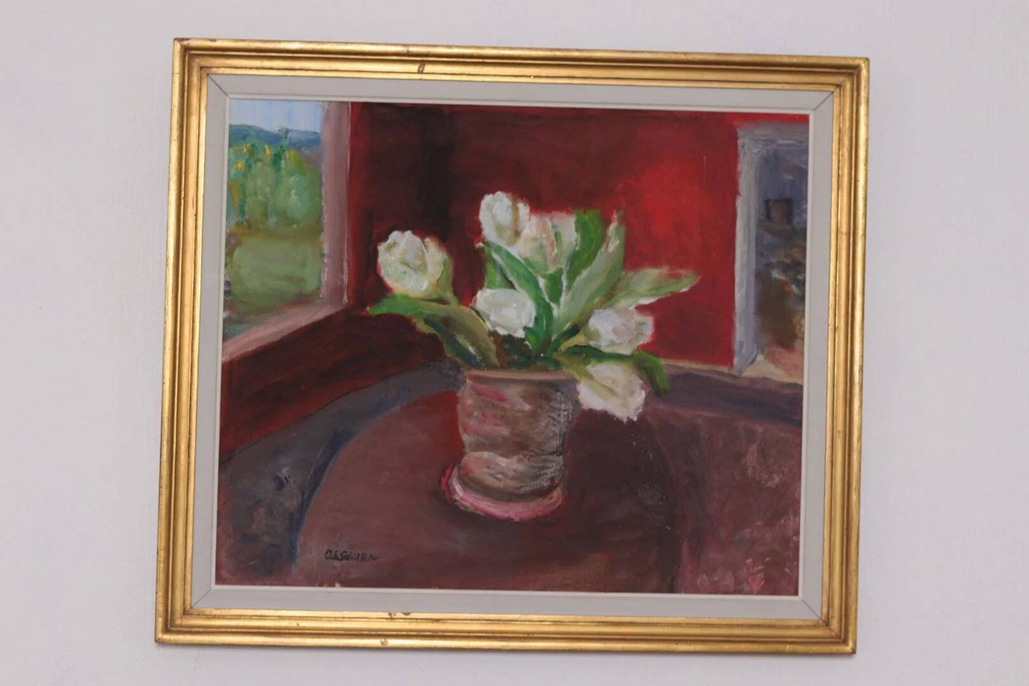 Huile sur toile originale suédoise – « Roses blanches » par Aina Schiller, Arvika