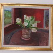 Huile sur toile originale suédoise – « Roses blanches » par Aina Schiller, Arvika