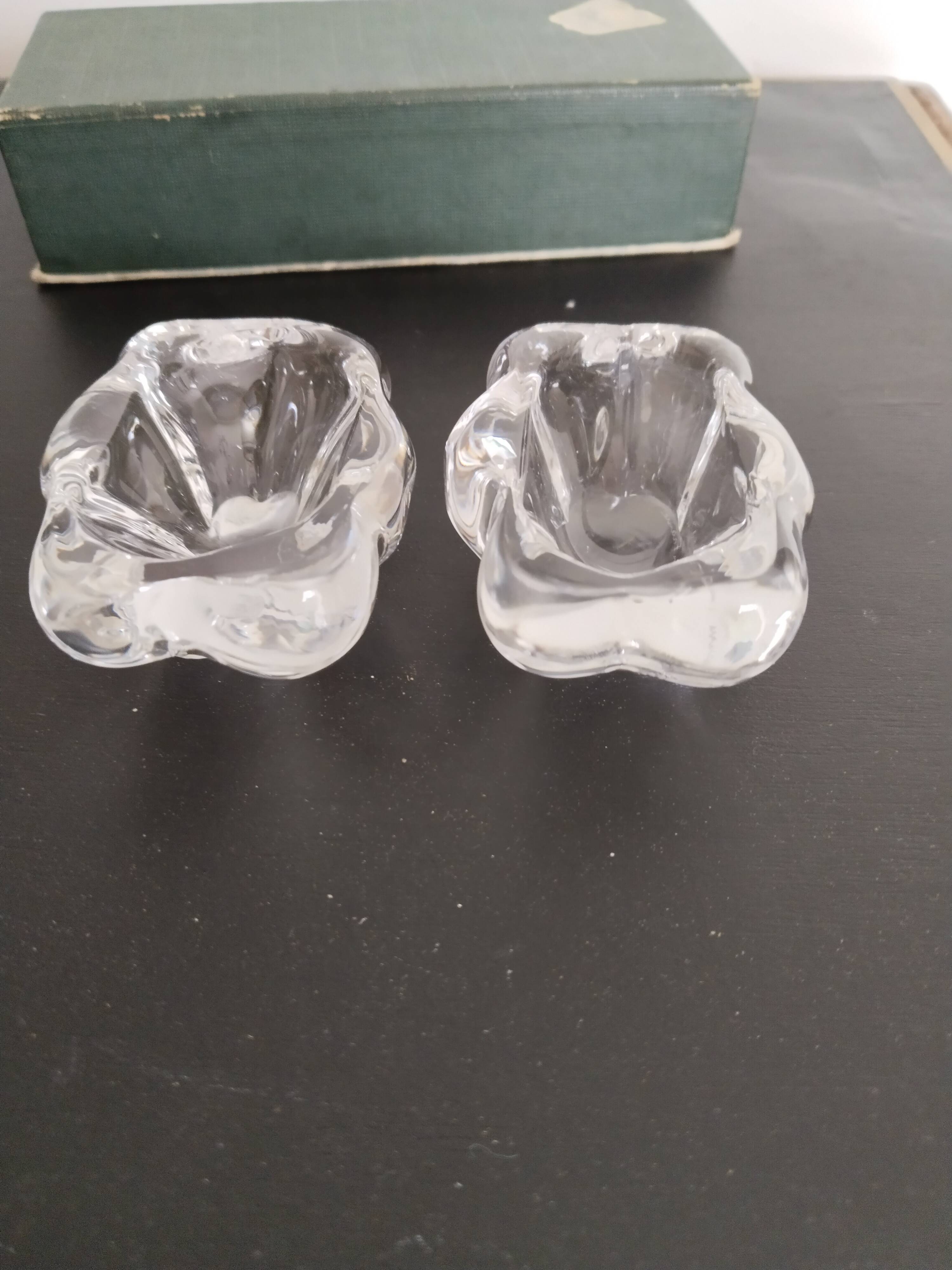 Crystal salt and pepper shakers signed Daum France; antique french