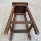 High workshop stool in dark wood and grey blue linoleum 60cm