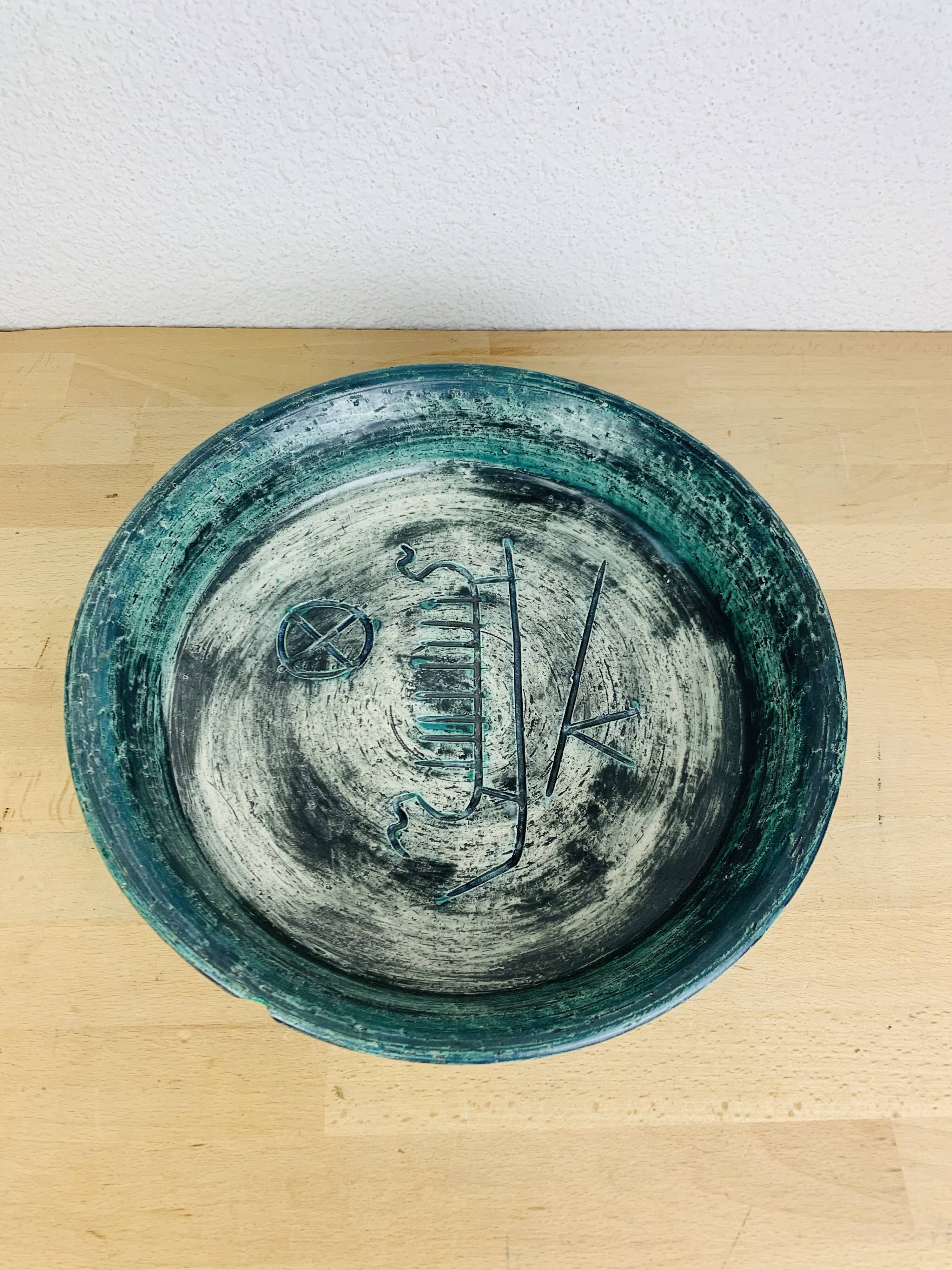 Round blue ceramic dish signed Arol Norway