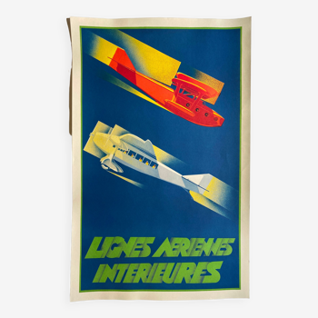 Affiche lithographie "Lignes aériennes intérieures" Aviation 64x100cm 80's