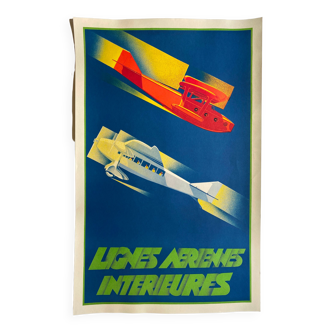 Affiche lithographie "Lignes aériennes intérieures" Aviation 64x100cm 80's