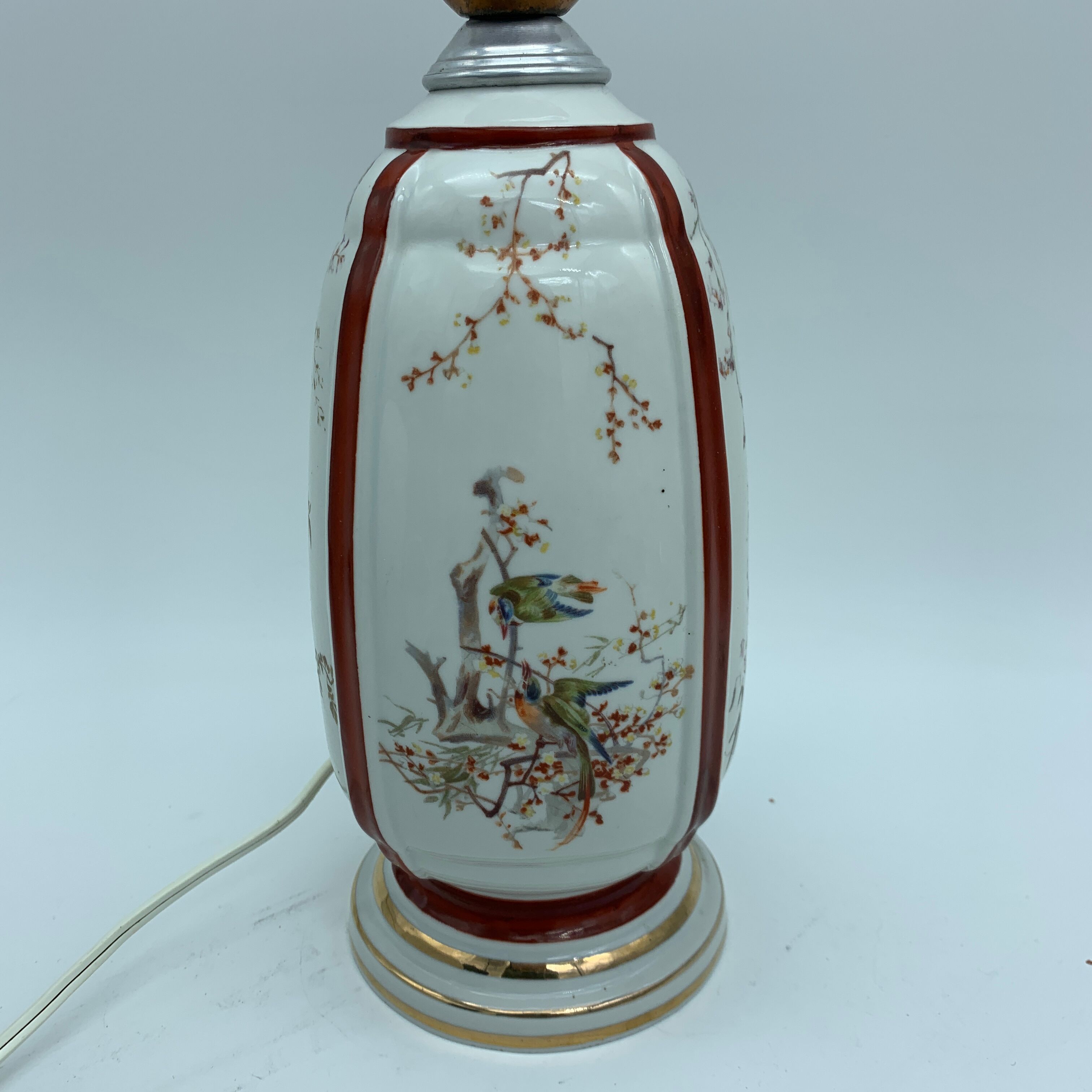 Foot antique porcelain lamp has early 20th century bird decoration (Limoges Paris?)