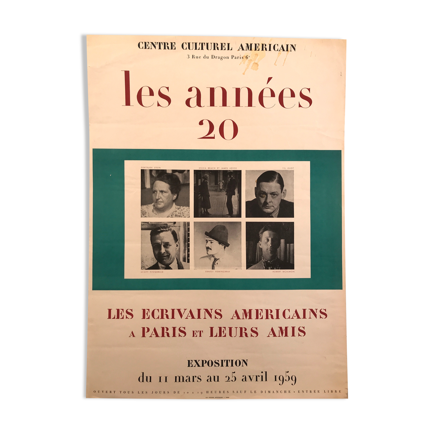 Exhibition poster American Writers in Paris, American Cultural Center, 1959