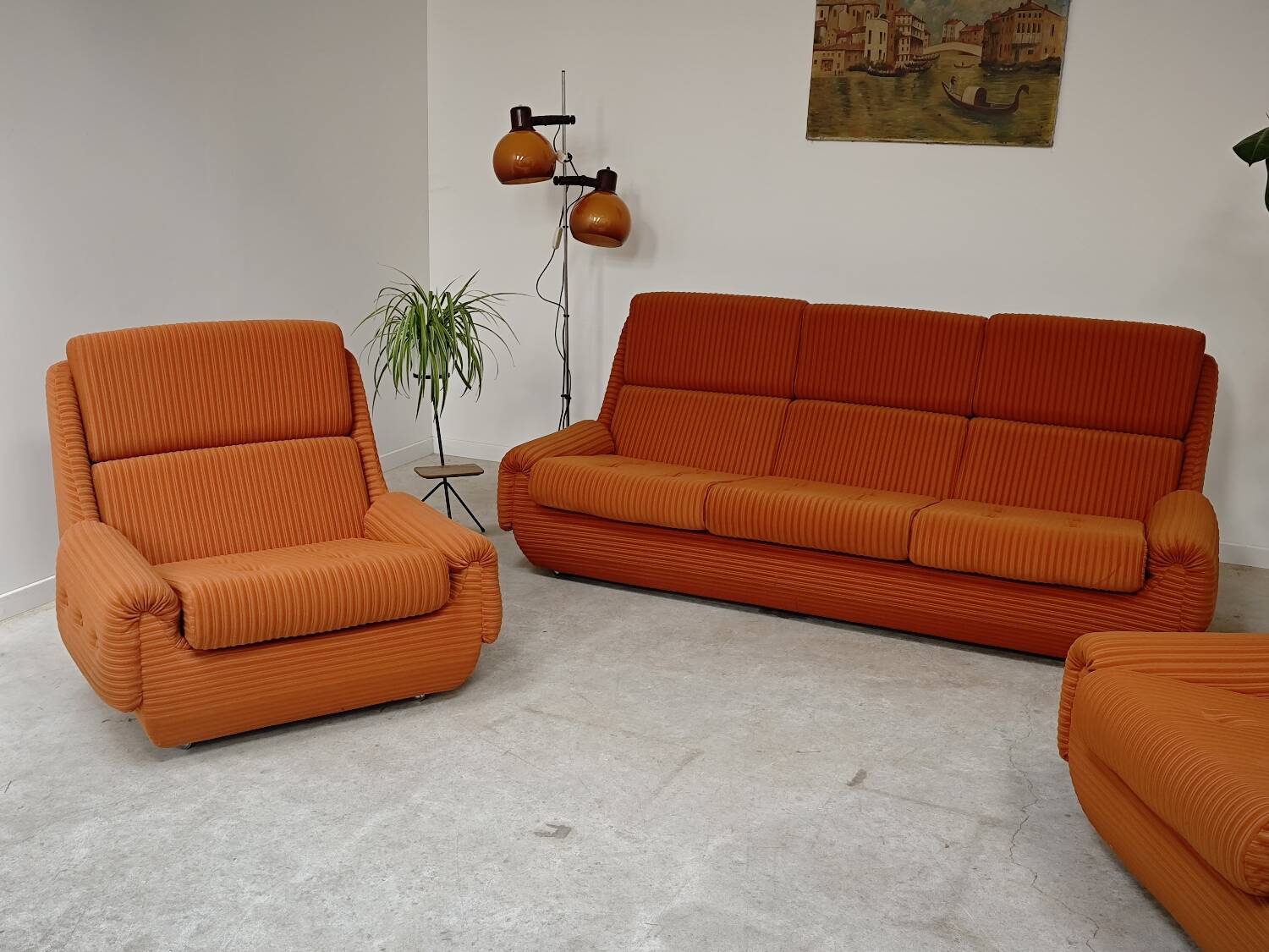 Orange 3-seater sofa jitona ribbed fabric space age 1970