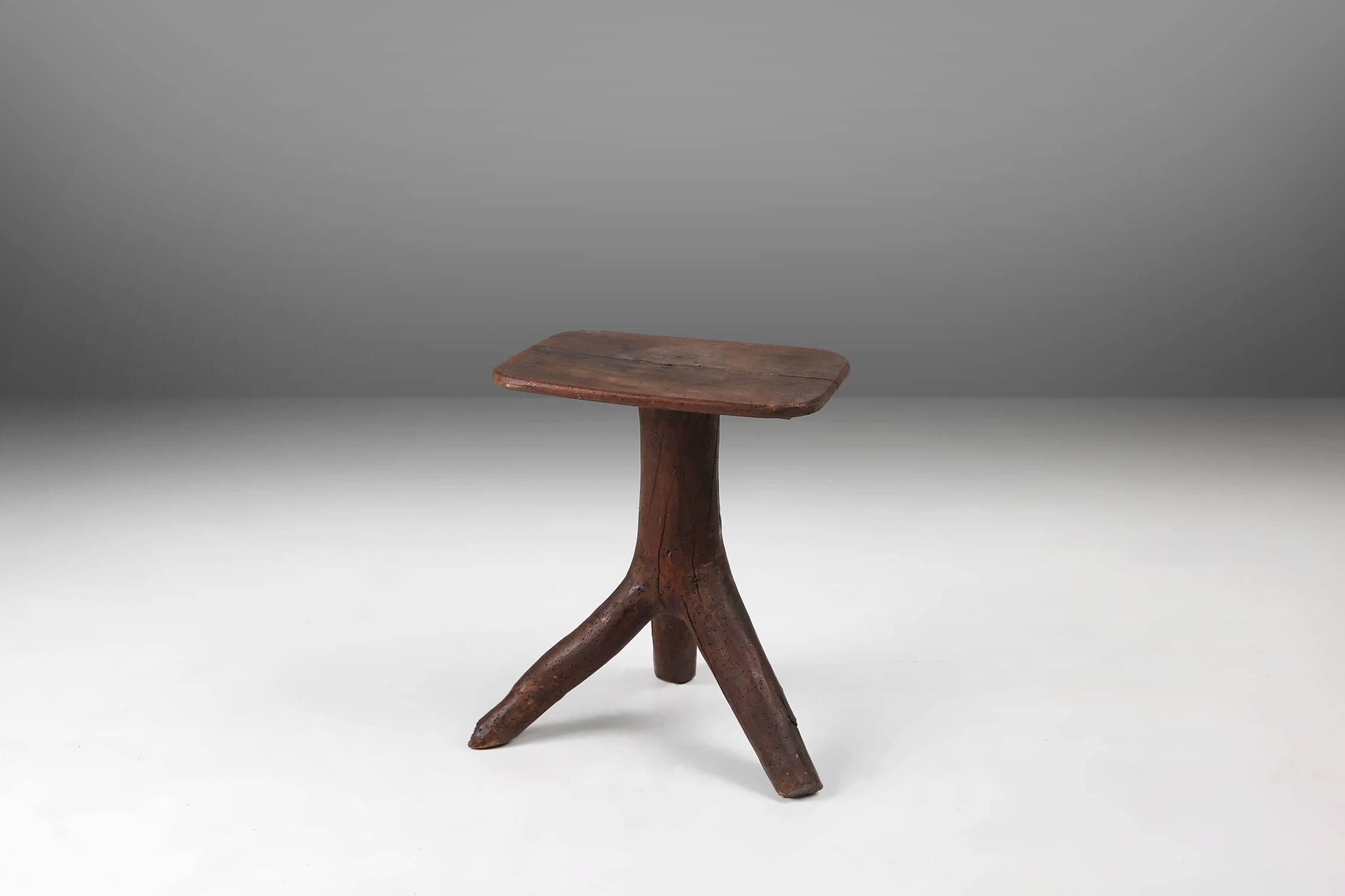 Rustic mid-century wooden stool with legs made of a tree branch, France, 1850