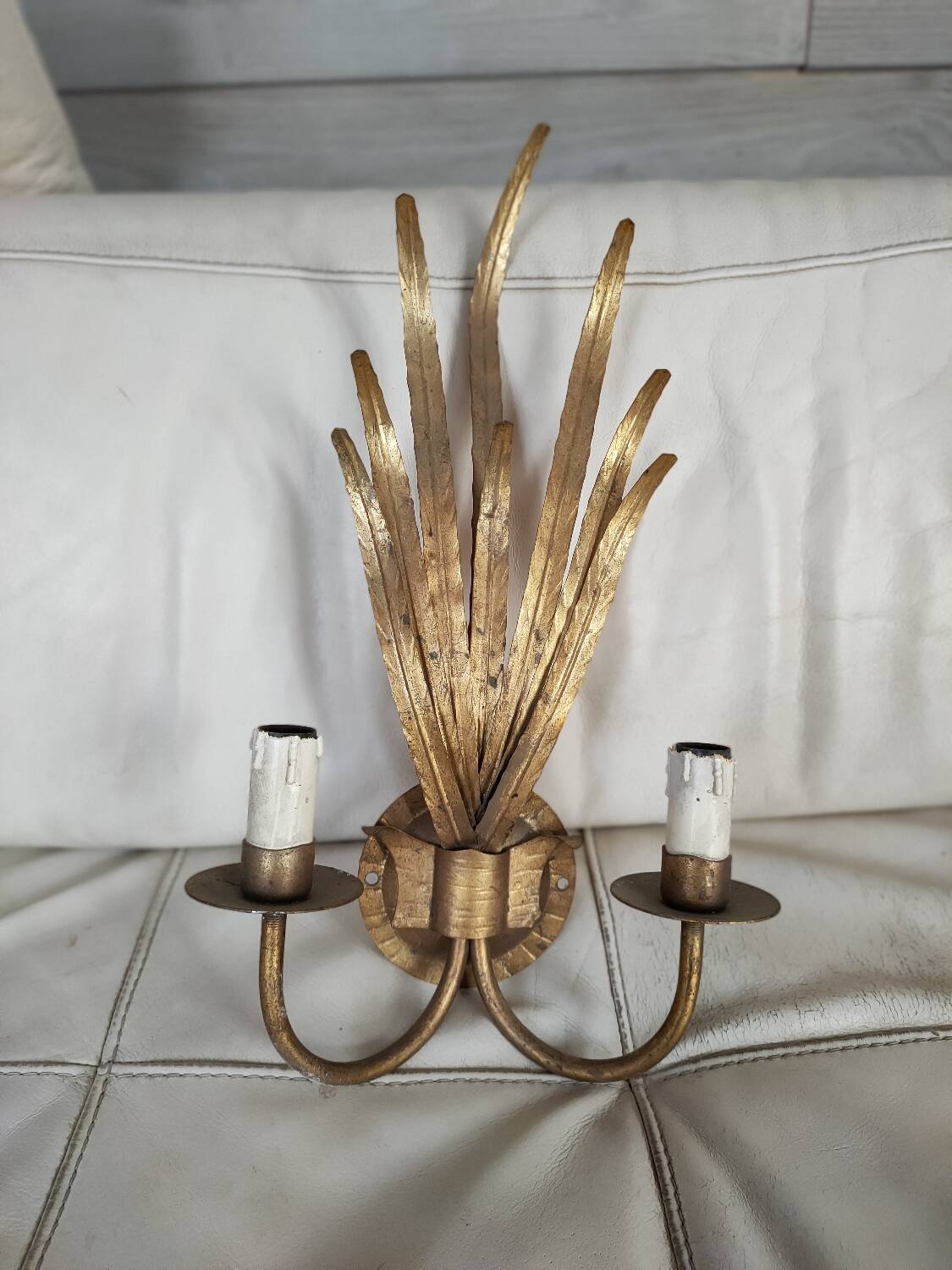 Pair of vintage wall lights, two golden arms, foliage