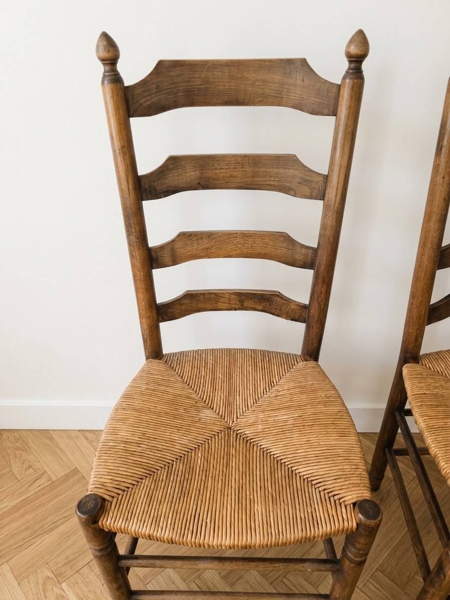 Set of 6 antique cherry wood chairs in ladder style.