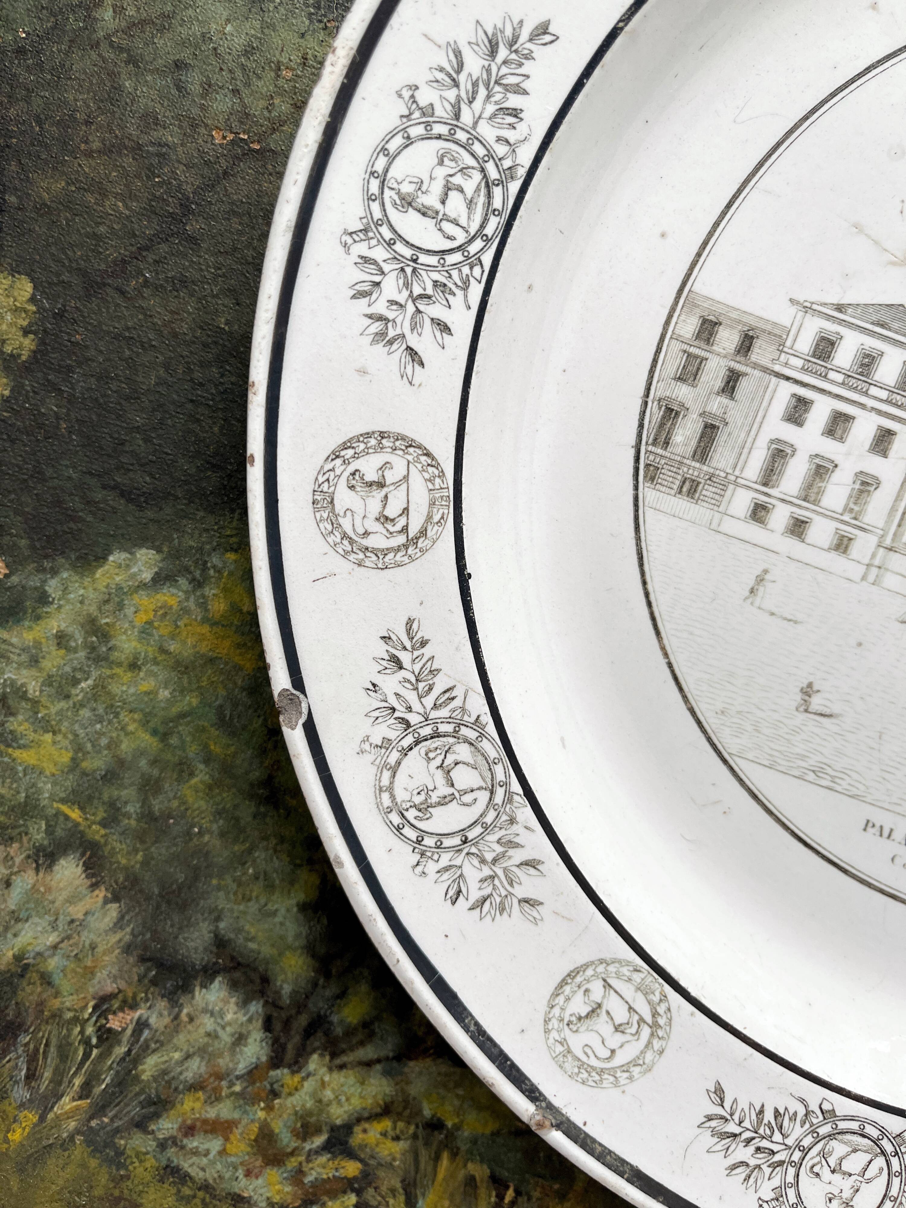 Antique fine earthenware plate "Palais Bourbon" Creil, early 19th century