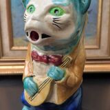 Zoomorphic pitcher - cat with a mandolin - barbotine
