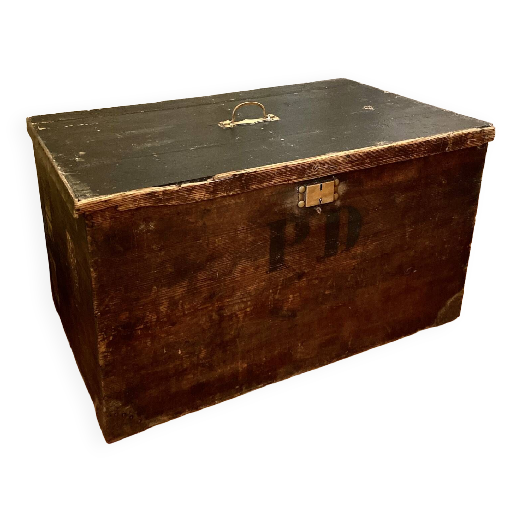 Old wooden trunk chest, vintage flat top