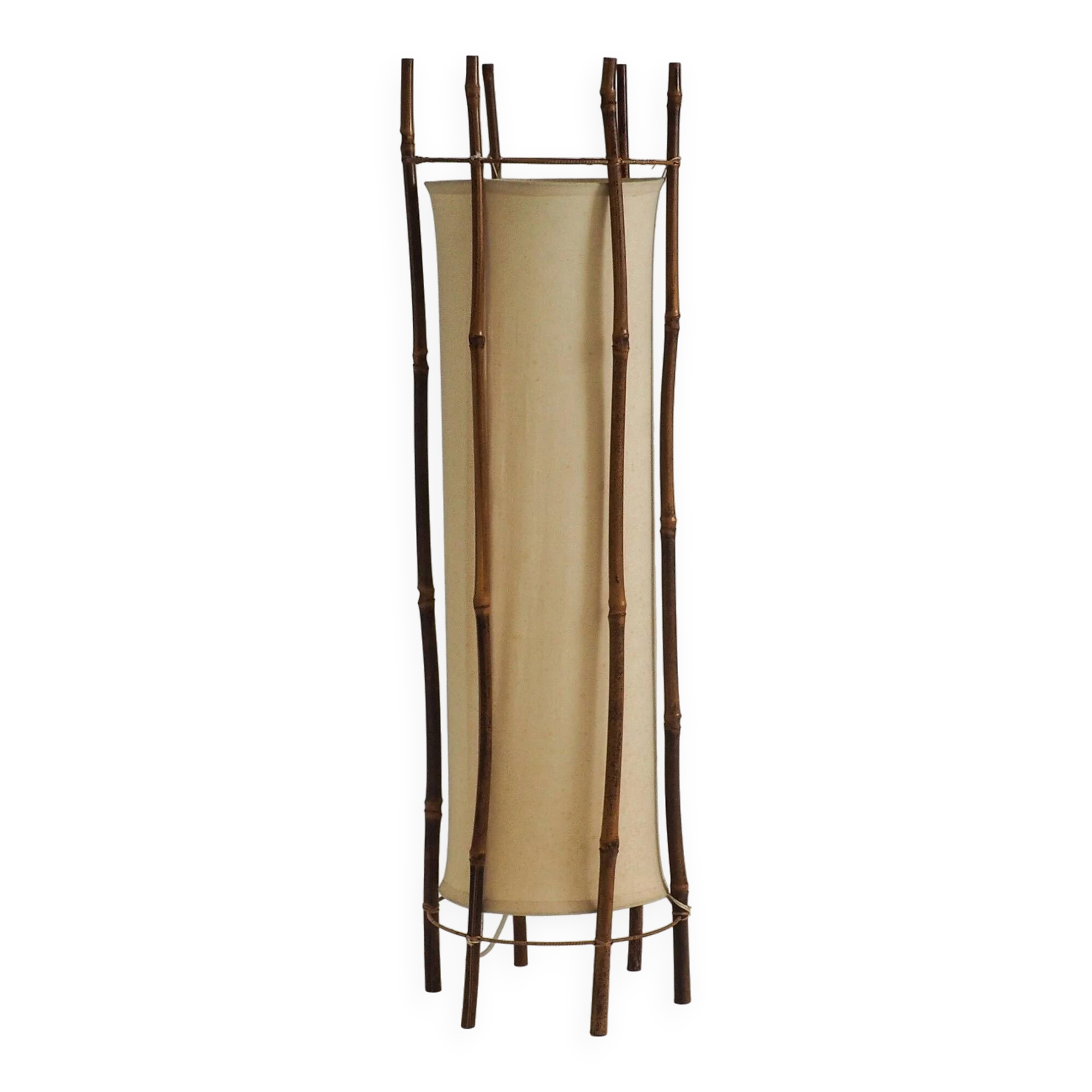 Large bamboo & linen floor lamp by Louis Sognot