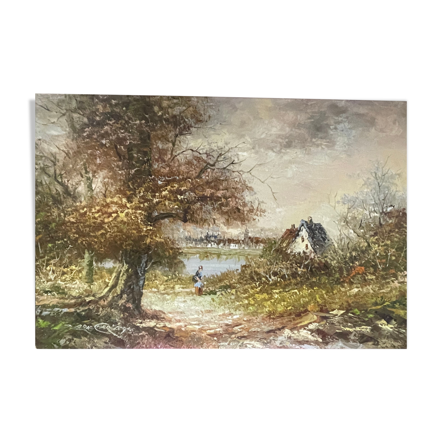 Oil painting on canvas animated lake landscape signed