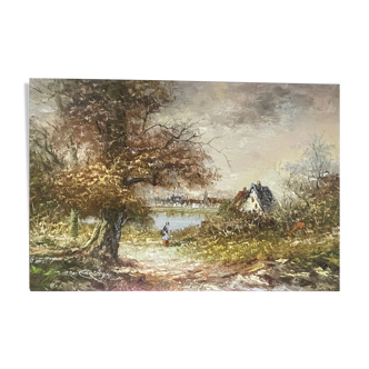 Tableau huile sur toile paysage lacustre animé signé