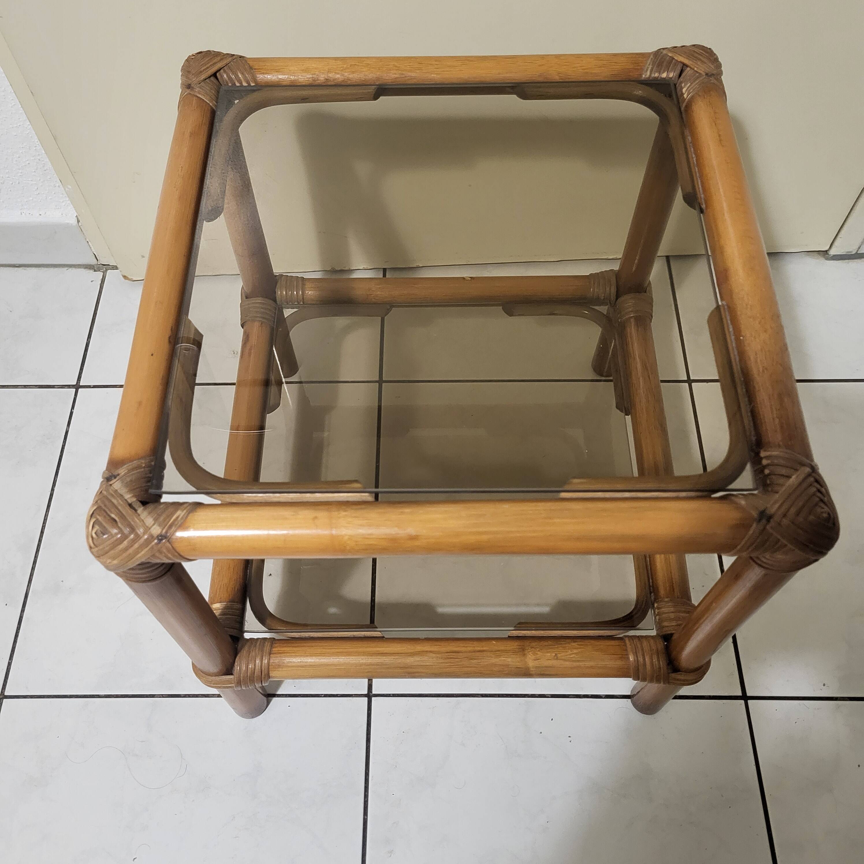 Table, side table in rattan and smoked glass from the 60s, vintage