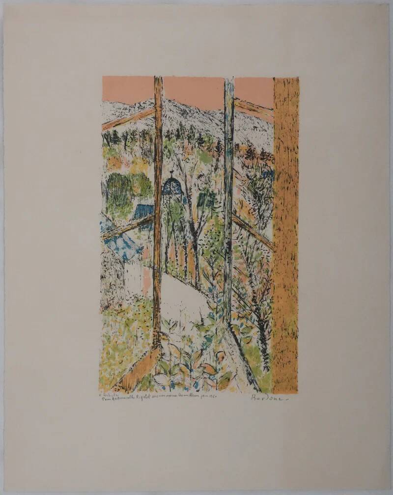 Guy BARDONE: Window open to the garden, signed original lithograph.