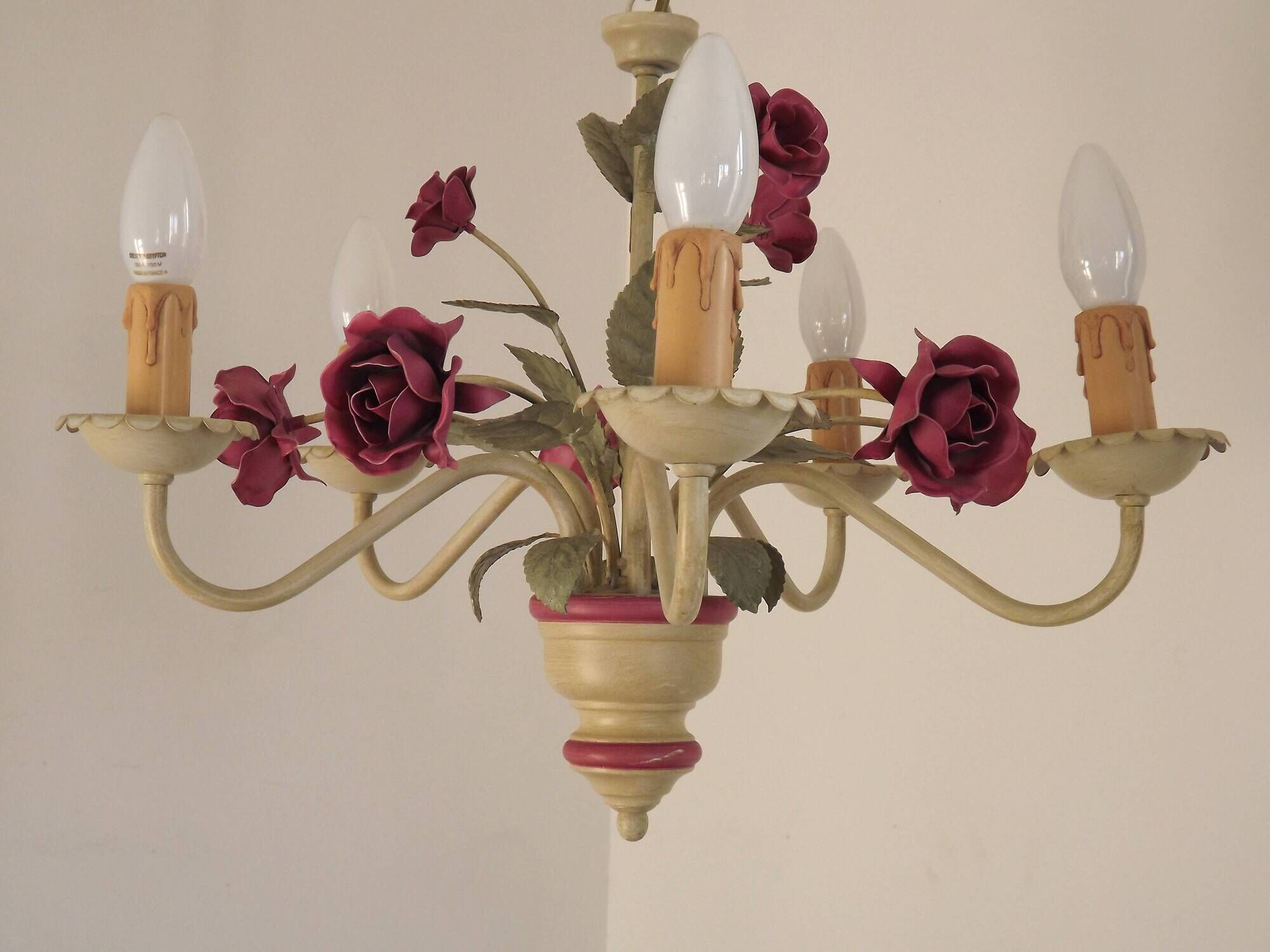 French vintage metal deep pink rose and green leaf 5-light chandelier