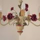 French vintage metal deep pink rose and green leaf 5-light chandelier