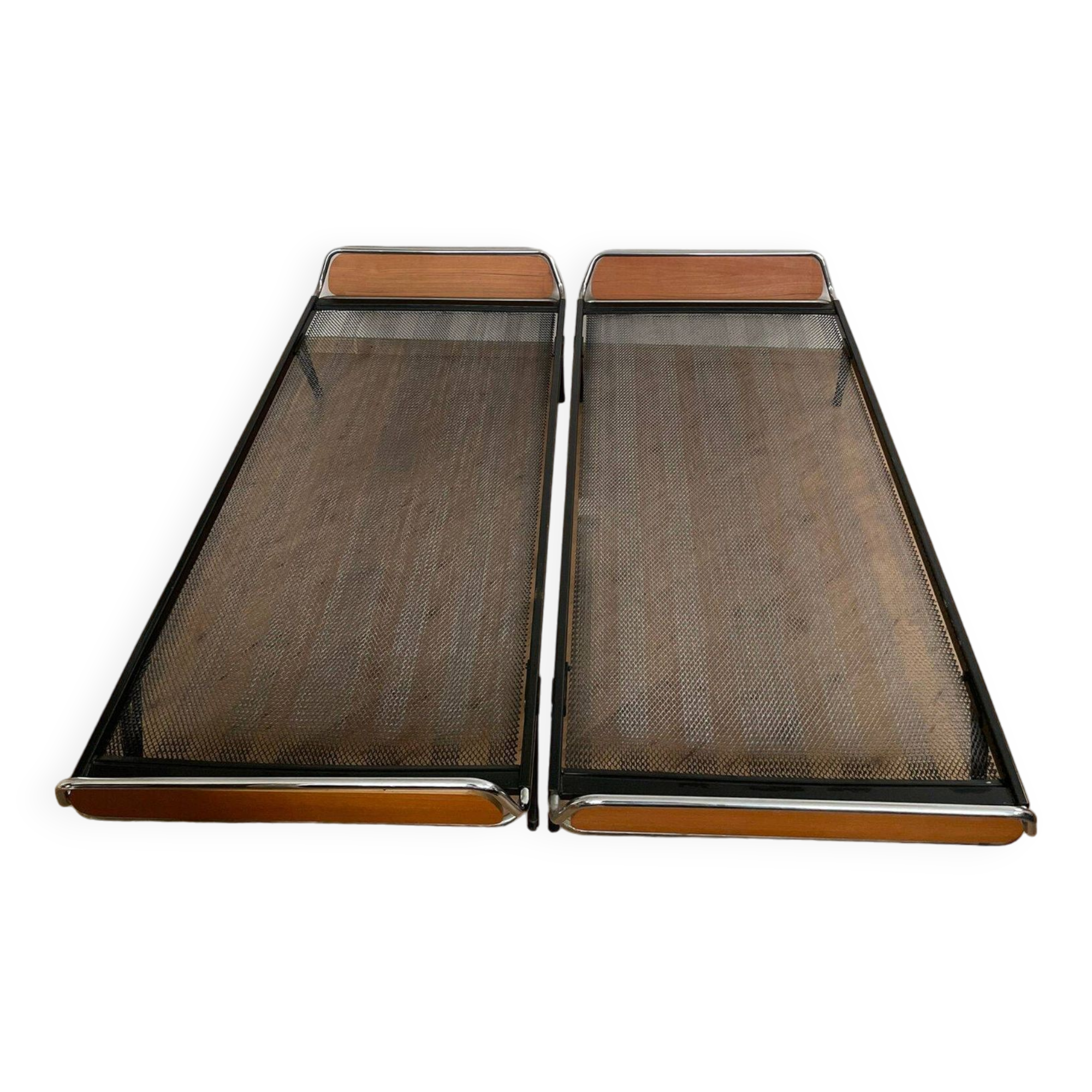 Pair of teak and chrome beds with mattress
