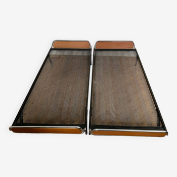 Pair of teak and chrome beds with mattress