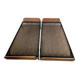 Pair of teak and chrome beds with mattress