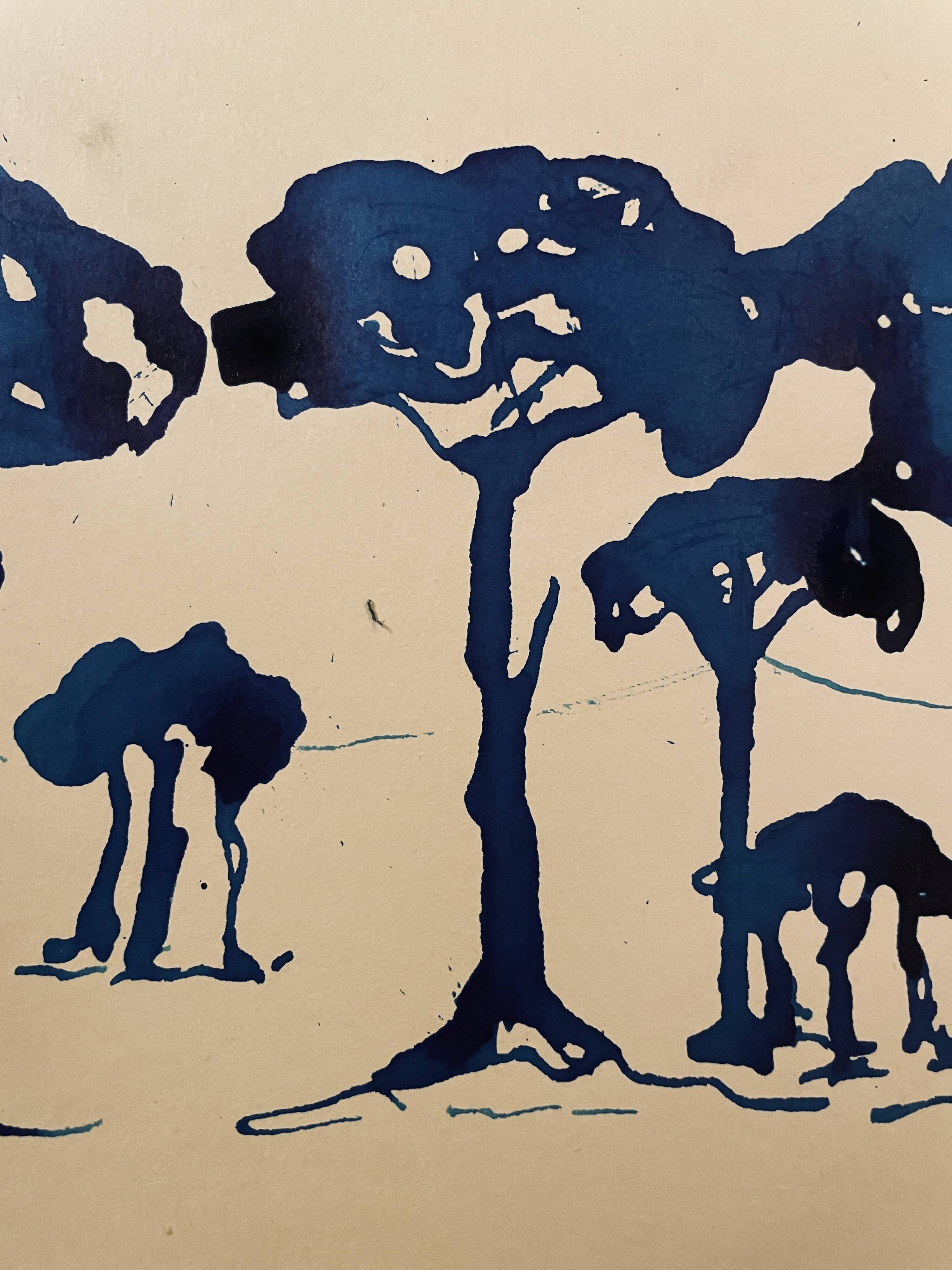 Painting, monochrome watercolor "Twilight over the Pine Forest" Provence, signed