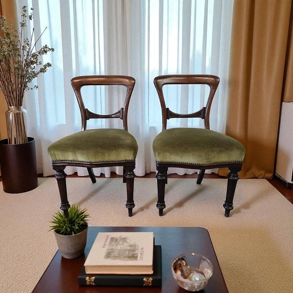 Set of 2 Victorian Balloon Back Chairs with Green Seats