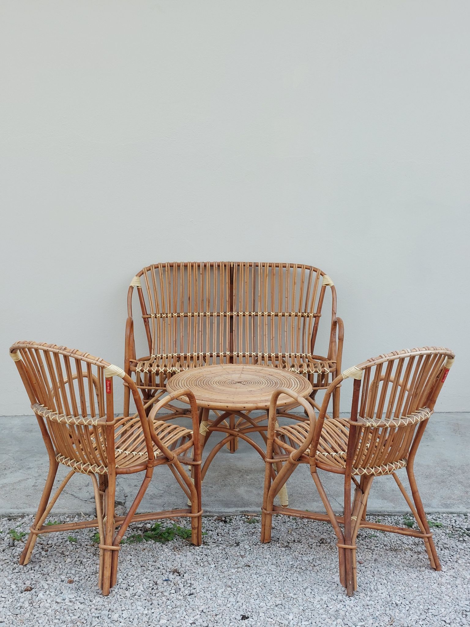 Set bench table and two armchairs in rattan 1950 vintage
