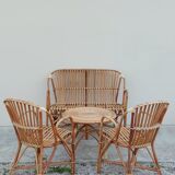Set bench table and two armchairs in rattan 1950 vintage